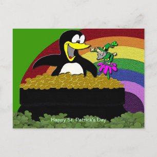 Carte Postale Penguin, Leprechaun, Or et Arc-en-ciel