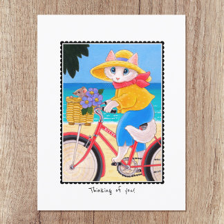 Carte Postale 'Penser à vous' Chat & Souris Bicyclette personnal