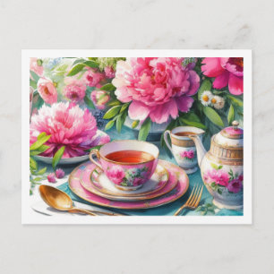 Carte Postale Peoné et Teacup rose Tea Party Floral