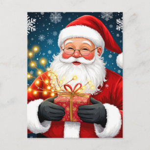 Carte Postale Père Noël à côté de l'arbre de Noël et des cadeaux