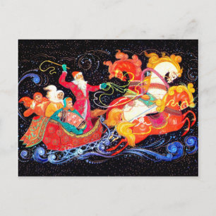 Carte Postale Père Noël arrive dans trois chars à chevaux, sovié