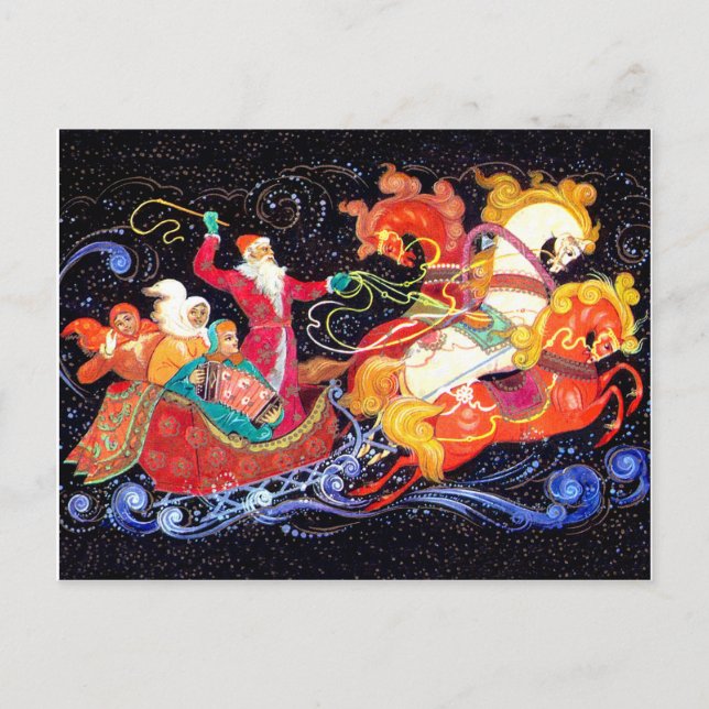 Carte Postale Père Noël arrive dans trois chars à chevaux, sovié (Devant)