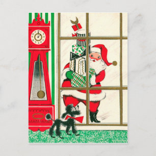 Carte Postale Père Noël avec des cadeaux regarde la fenêtre