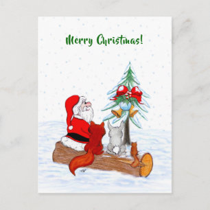 Carte Postale Père Noël avec Lapin Renard et Écureuil