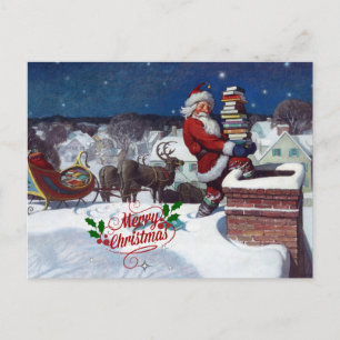 Carte Postale père Noël avec traîneau plein de livres, Joyeux No