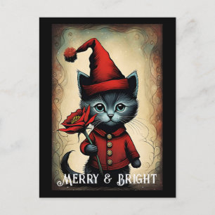 Carte Postale Père Noël Black Cute Kitty Flower Noël