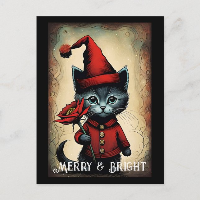 Carte Postale Père Noël Black Cute Kitty Flower Noël (Devant)