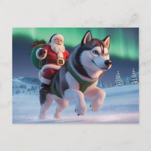 Carte Postale Père Noël chevauchant un énorme Husky à travers la