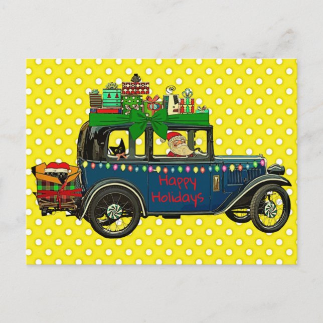 Carte Postale Père Noël Conduire avec des chats Joyeuses vacance (Devant)