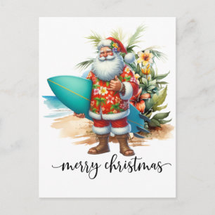 Carte Postale Père Noël d'Hawaii tenant une planche de surf Noël