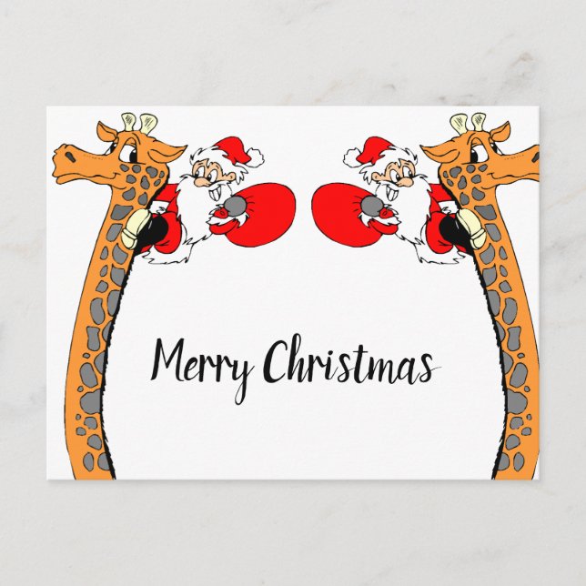 Carte Postale Père Noël drôle sur girafe Joyeux Noël (Devant)