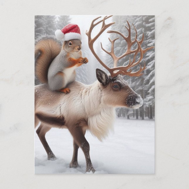 Carte Postale Père Noël écureuil adorable et les rennes (Devant)