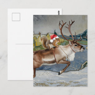 Carte Postale Père Noël écureuil et rennes adorables Noël