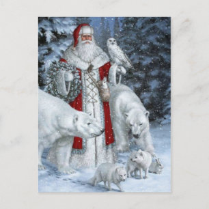 Carte Postale Père Noël et animaux blancs