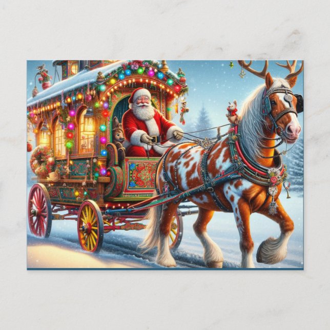 Carte Postale Père Noël et Irish Cob Horse avec Antlers (Devant)