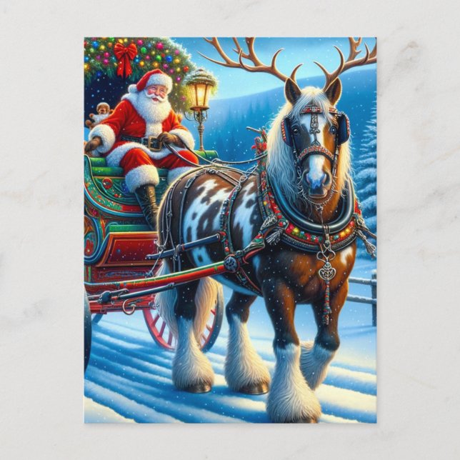 Carte Postale Père Noël et Irish Cob Horse avec Antlers (Devant)
