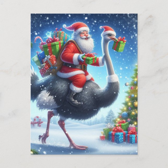 Carte Postale Père Noël et l'autruche Noël festif (Devant)