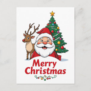 Carte Postale Père Noël et Renne Joyeux Arbre de Noël