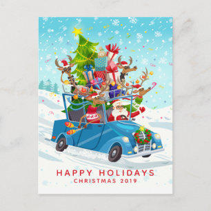 Carte Postale Père Noël et son renne livrent des jouets dans une