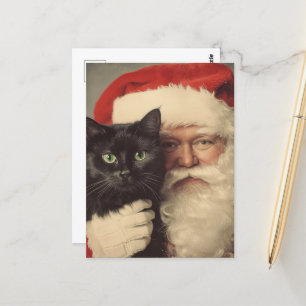 Carte Postale Père Noël et un mignon chat noir