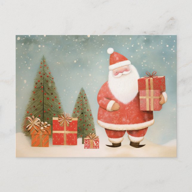 Carte Postale Père Noël fantaisiste avec sapin de Noël et cadeau (Devant)