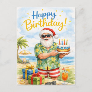 Carte Postale Père Noël golfeur chapeau tenant gâteau d'annivers