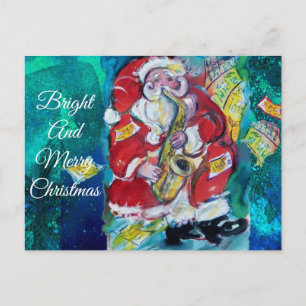 CARTE POSTALE PÈRE NOËL JOUER SAX, PARTI DE NOËL MUSICAL