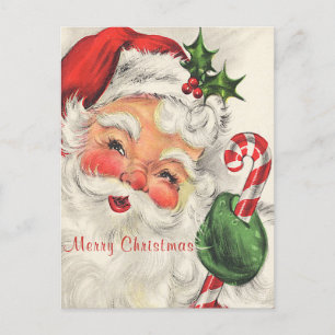 Carte Postale Père Noël Joues Roses Tenant un Bâton de Bonbon 