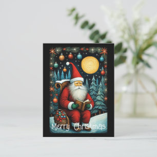 Carte Postale Père Noël Lecture Livre neige Nuit Arbre de Noël