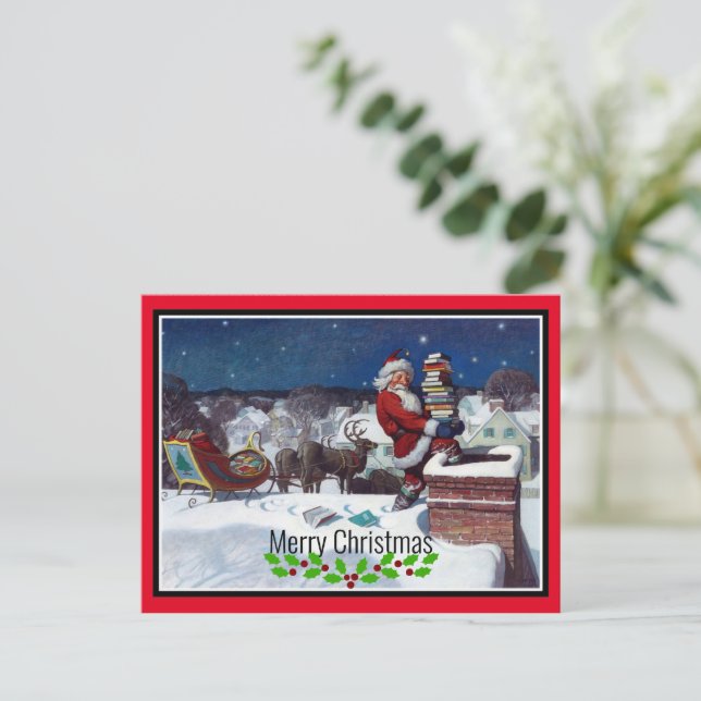 Carte Postale Père Noël livrant une brassée de livres (Debout devant)