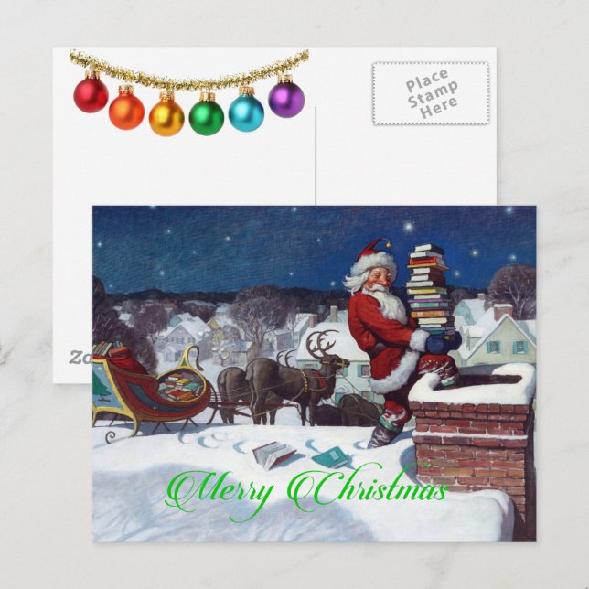 Carte Postale Père Noël livrant une cargaison de livres (Devant / Derrière)