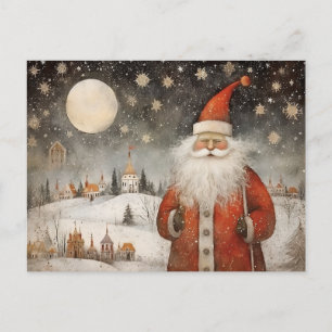 Carte Postale Père Noël lunaire joyeux dans un village neigeux