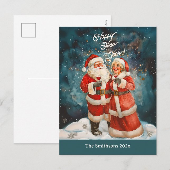 Carte postale père Noël Mme Claus Bonne année (Devant / Derrière)