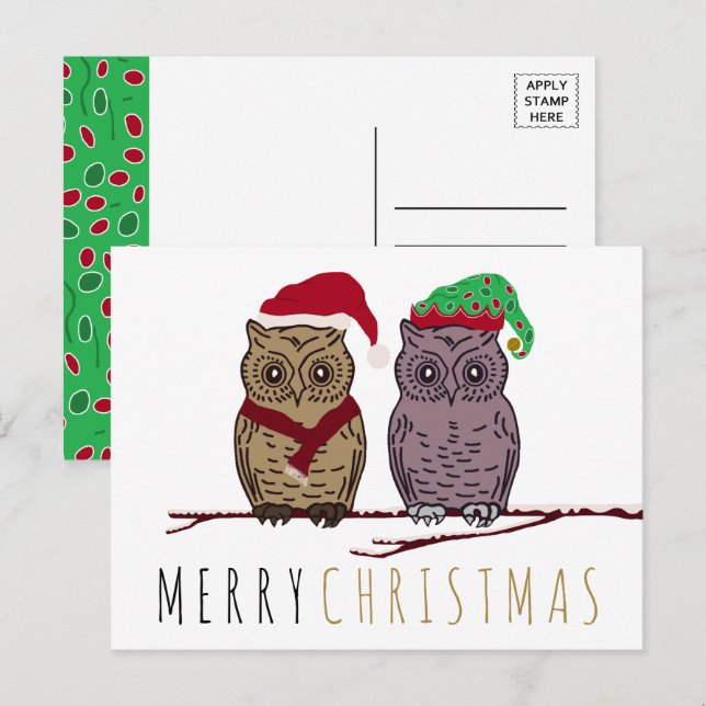 Carte postale père Noël Owl et Elf Owl Holiday (Devant / Derrière)