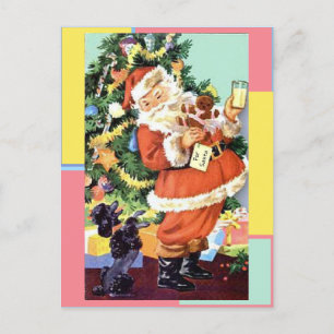 Carte Postale Père Noël rétro, biscuits et lait, et caniche dans