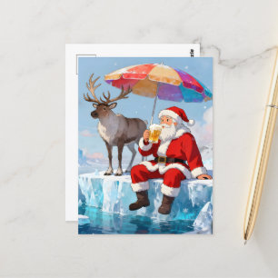 Carte Postale Père Noël savoure une bière sur un iceberg