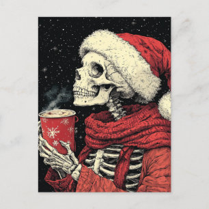 Carte Postale Père Noël Skeleton au chocolat chaud