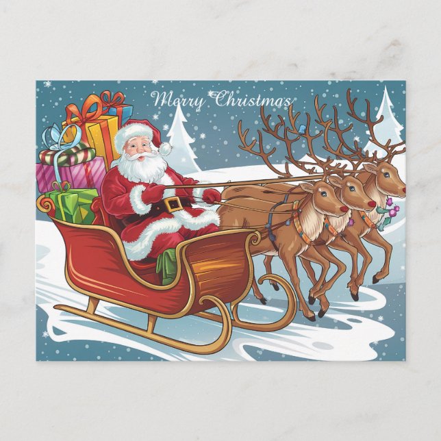 Carte Postale Père Noël Sleigh Ride Cadeaux de Noël et rennes (Devant)