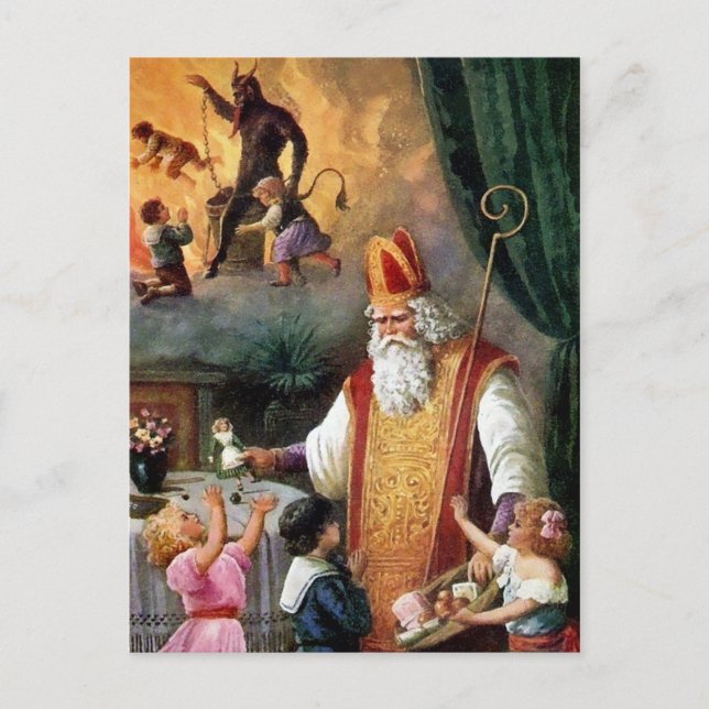 Carte Postale Père Noël victorienne et Krampus (Devant)