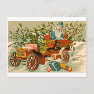 Carte Postale Père Noël vintage dans une voiture avec cadeaux