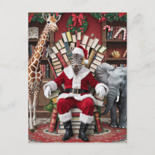 Carte Postale Père Noël Zebra, Giraffe et Elephant