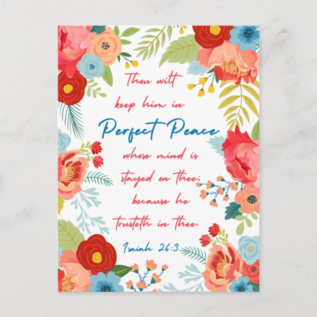 Carte Postale Perfect Peace Floral Design Isaiah 26:3 KJV (Devant)