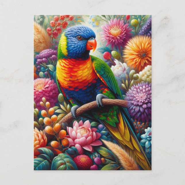 Carte Postale Perroquet arc-en-ciel avec fleurs colorées (Devant)