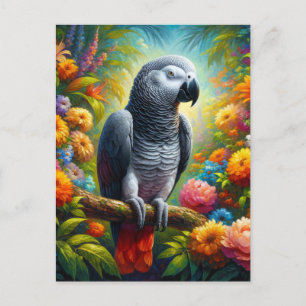 Carte Postale Perroquet gris africain aux fleurs colorées