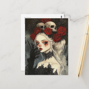 Carte Postale Persephone Goth Roses Rouges Crânes