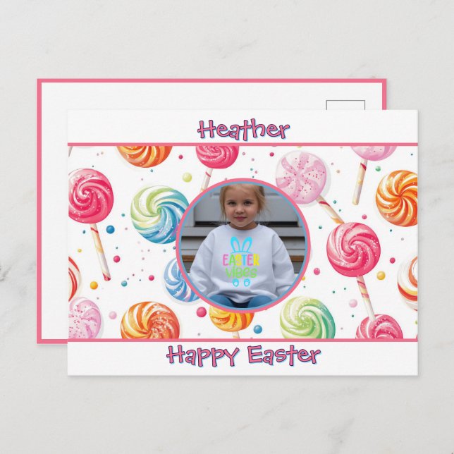 Carte Postale Personalized Happy Easter Lollipop Candy Photo (Devant / Derrière)