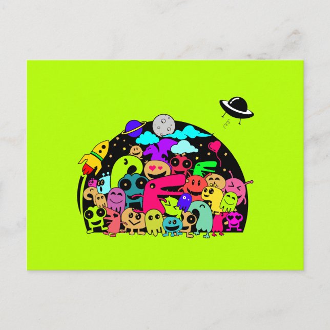 Carte Postale Personnages Aliens de l'espace de dessin adorable (Devant)