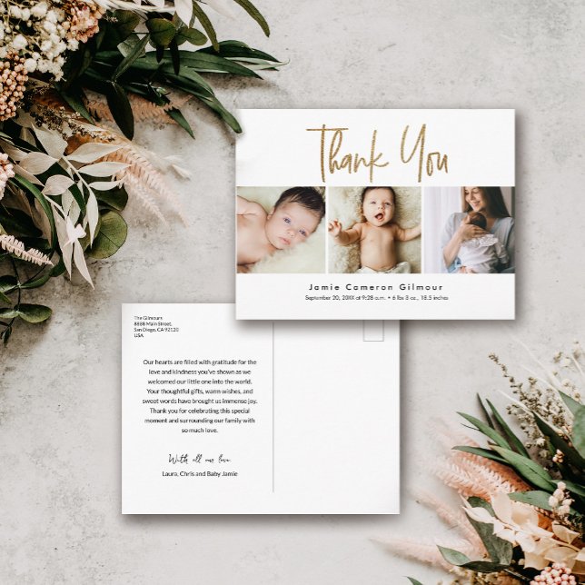 Carte Postale Personnalisé 3 Photos pour bébés Gold Script Merci (Gold Script thank you 3 photo birth announcement shower thank you postcards.)