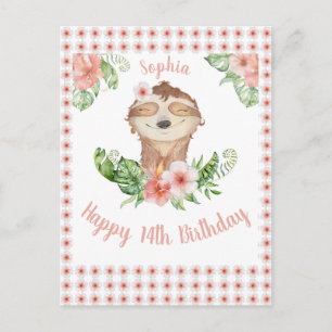 Carte Postale Personnalisé Happy 14th Birthday mignonne Sloth Gi