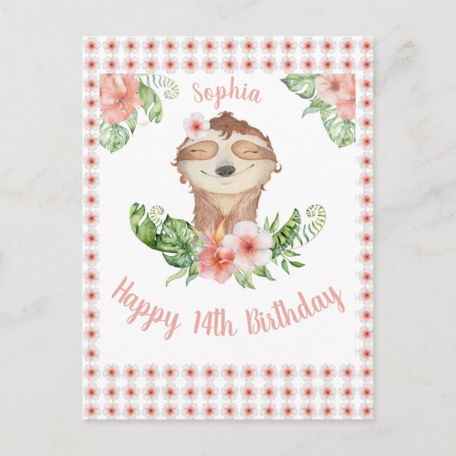 Carte Postale Personnalisé Happy 14th Birthday mignonne Sloth Gi (Devant)